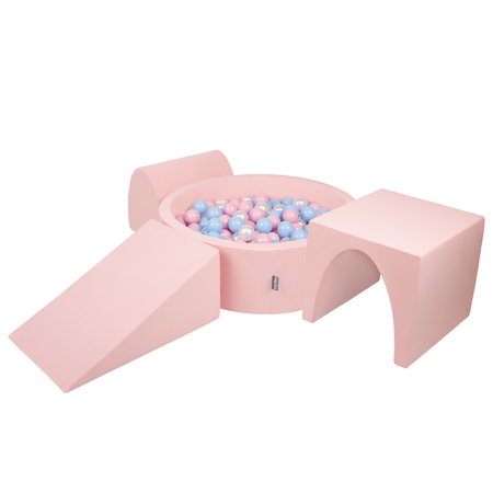 KiddyMoon Foam Playground for Kids with Round Ballpit (Balls 7cm/ 2.75In) Soft Obstacles Course and Ball Pool, Made In EU, Pink: Babyblue/ Powder Pink/ Pearl