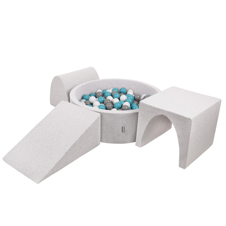 KiddyMoon Foam Playground for Kids with Round Ballpit (Balls ∅ 7cm/2.75In) Soft Obstacles Course and Ball Pool, Made In EU, lightgrey:grey/white/turquoise, Ballpit (200 Balls) + Version 2