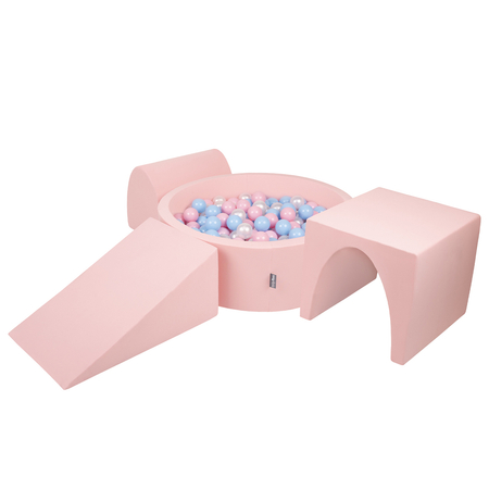 KiddyMoon Foam Playground for Kids with Round Ballpit (Balls ∅ 7cm/2.75In) Soft Obstacles Course and Ball Pool, Made In EU, pink:babyblue/powder pink/pearl, Ballpit (200 Balls) + Version 2