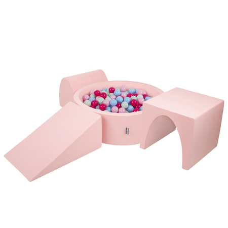 KiddyMoon Foam Playground for Kids with Round Ballpit (Balls ∅ 7cm/2.75In) Soft Obstacles Course and Ball Pool, Made In EU, pink:light pink/dark pink/babyblue/mint, Ballpit (200 Balls) + Version 2