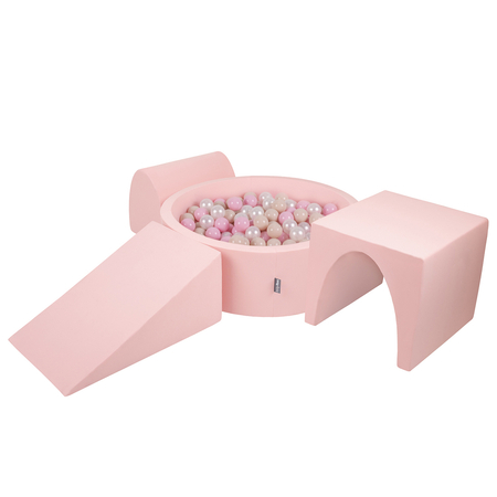 KiddyMoon Foam Playground for Kids with Round Ballpit (Balls ∅ 7cm/2.75In) Soft Obstacles Course and Ball Pool, Made In EU, pink:pastel beige/light pink/pearl, Ballpit (200 Balls) + Version 2