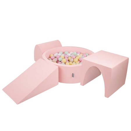 KiddyMoon Foam Playground for Kids with Round Ballpit (Balls ∅ 7cm/2.75In) Soft Obstacles Course and Ball Pool, Made In EU, pink:pastel beige/pastel yellow/white/mint/light pink, Ballpit (200 Balls) + Version 2