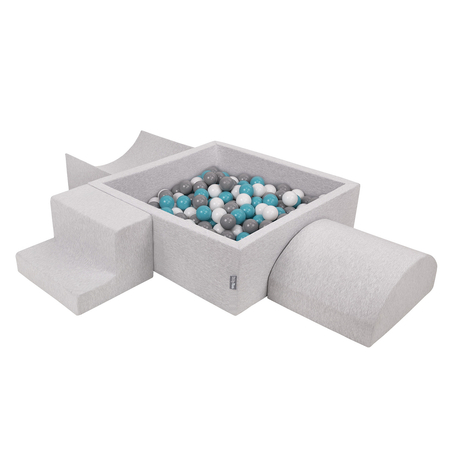KiddyMoon Foam Playground for Kids with Square Ballpit ( 7cm/ 2.75In) Soft Obstacles Course and Ball Pool, Certified Made In The EU, Lightgrey: Grey/ White/ Turquoise