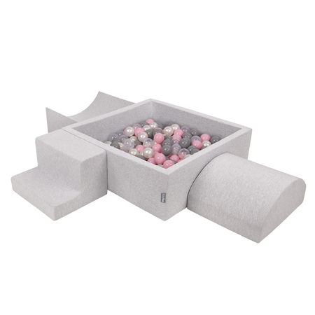 KiddyMoon Foam Playground for Kids with Square Ballpit ( 7cm/ 2.75In) Soft Obstacles Course and Ball Pool, Certified Made In The EU, Lightgrey: Pearl/ Grey/ Transparent/ Powderpink