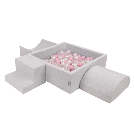KiddyMoon Foam Playground for Kids with Square Ballpit ( 7cm/ 2.75In) Soft Obstacles Course and Ball Pool, Certified Made In The EU, Lightgrey: Powderpink/ Pearl/ Transparent