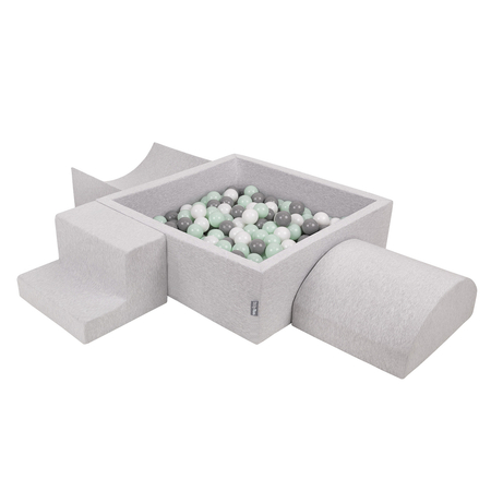 KiddyMoon Foam Playground for Kids with Square Ballpit ( 7cm/ 2.75In) Soft Obstacles Course and Ball Pool, Certified Made In The EU, Lightgrey: White/ Grey/ Mint