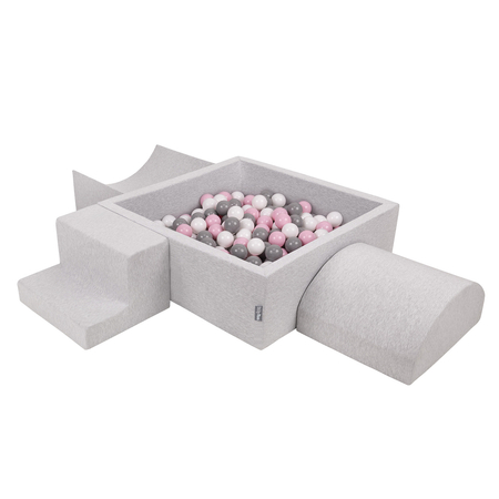 KiddyMoon Foam Playground for Kids with Square Ballpit ( 7cm/ 2.75In) Soft Obstacles Course and Ball Pool, Certified Made In The EU, Lightgrey: White/ Grey/ Powderpink