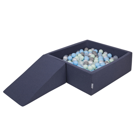 KiddyMoon Foam Playground for Kids with Square Ballpit ( ∅ 7cm/2.75In) Soft Obstacles Course and Ball Pool, Certified Made In The EU, darkblue:pearl/grey/transparent/babyblue/mint, Ballpit (100 Balls) + Wedge