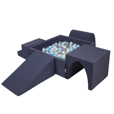 KiddyMoon Foam Playground for Kids with Square Ballpit ( ∅ 7cm/2.75In) Soft Obstacles Course and Ball Pool, Certified Made In The EU, darkblue:pearl/grey/transparent/babyblue/mint, Ballpit (200 Balls) + Version 3