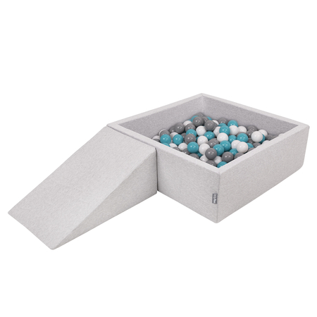 KiddyMoon Foam Playground for Kids with Square Ballpit ( ∅ 7cm/2.75In) Soft Obstacles Course and Ball Pool, Certified Made In The EU, lightgrey:grey/white/turquoise, Ballpit (200 Balls) + Wedge