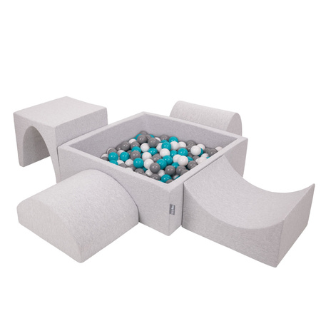 KiddyMoon Foam Playground for Kids with Square Ballpit ( ∅ 7cm/2.75In) Soft Obstacles Course and Ball Pool, Certified Made In The EU, lightgrey:grey/white/turquoise, Ballpit (300 Balls) + Version 1