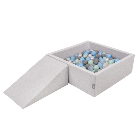 KiddyMoon Foam Playground for Kids with Square Ballpit ( ∅ 7cm/2.75In) Soft Obstacles Course and Ball Pool, Certified Made In The EU, lightgrey:pearl/grey/transparent/babyblue/mint, Ballpit (100 Balls) + Wedge