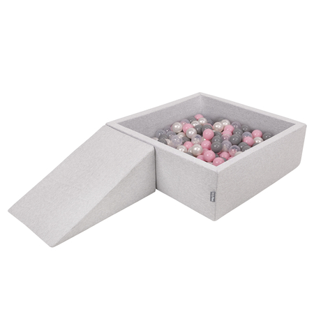 KiddyMoon Foam Playground for Kids with Square Ballpit ( ∅ 7cm/2.75In) Soft Obstacles Course and Ball Pool, Certified Made In The EU, lightgrey:pearl/grey/transparent/powderpink, Ballpit (100 Balls) + Wedge