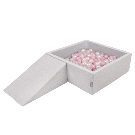 KiddyMoon Foam Playground for Kids with Square Ballpit ( ∅ 7cm/2.75In) Soft Obstacles Course and Ball Pool, Certified Made In The EU, lightgrey:powderpink/pearl/transparent, Ballpit (100 Balls) + Wedge