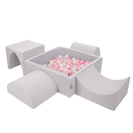 KiddyMoon Foam Playground for Kids with Square Ballpit ( ∅ 7cm/2.75In) Soft Obstacles Course and Ball Pool, Certified Made In The EU, lightgrey:powderpink/pearl/transparent, Ballpit (200 Balls) + Version 1