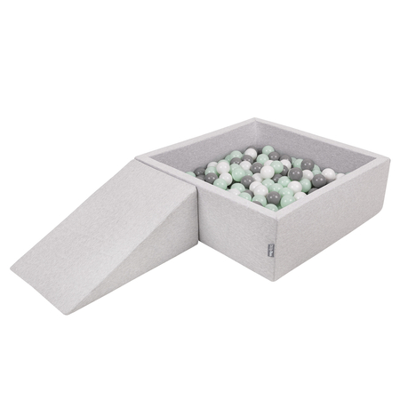 KiddyMoon Foam Playground for Kids with Square Ballpit ( ∅ 7cm/2.75In) Soft Obstacles Course and Ball Pool, Certified Made In The EU, lightgrey:white/grey/mint, Ballpit (100 Balls) + Wedge