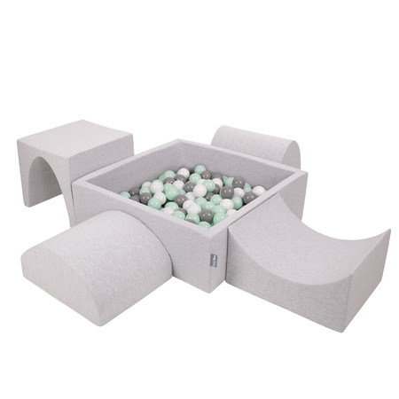 KiddyMoon Foam Playground for Kids with Square Ballpit ( ∅ 7cm/2.75In) Soft Obstacles Course and Ball Pool, Certified Made In The EU, lightgrey:white/grey/mint, Ballpit (200 Balls) + Version 1