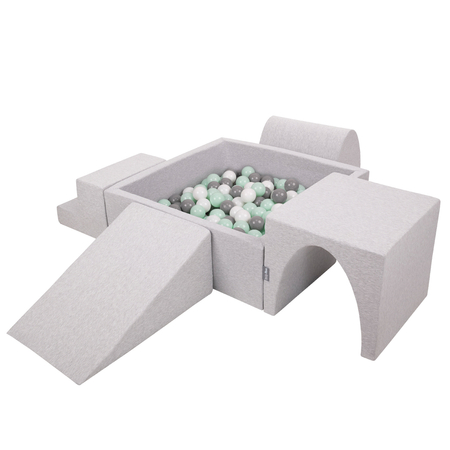 KiddyMoon Foam Playground for Kids with Square Ballpit ( ∅ 7cm/2.75In) Soft Obstacles Course and Ball Pool, Certified Made In The EU, lightgrey:white/grey/mint, Ballpit (200 Balls) + Version 3