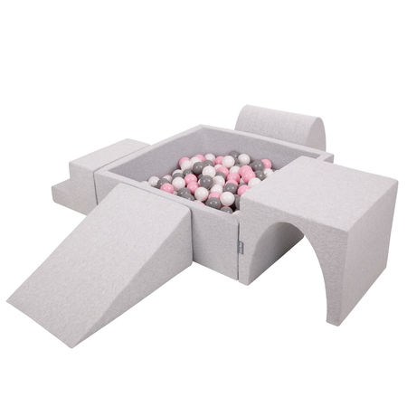 KiddyMoon Foam Playground for Kids with Square Ballpit ( ∅ 7cm/2.75In) Soft Obstacles Course and Ball Pool, Certified Made In The EU, lightgrey:white/grey/powderpink, Ballpit (200 Balls) + Version 3