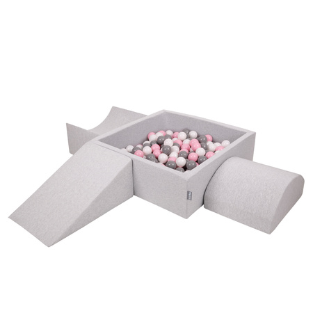 KiddyMoon Foam Playground for Kids with Square Ballpit ( ∅ 7cm/2.75In) Soft Obstacles Course and Ball Pool, Certified Made In The EU, lightgrey:white/grey/powderpink, Ballpit (300 Balls) + Version 4