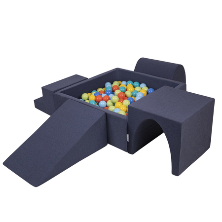 KiddyMoon Foam Playground for Kids with Square Ballpit ( ∅ 7cm/2.75In) Soft Obstacles Course and Ball Pool, Certified Made In The EU, navy blue: light green-orange-turquoise-blue-babyblue-yellow, Ballpit (200 Balls) + Version 3