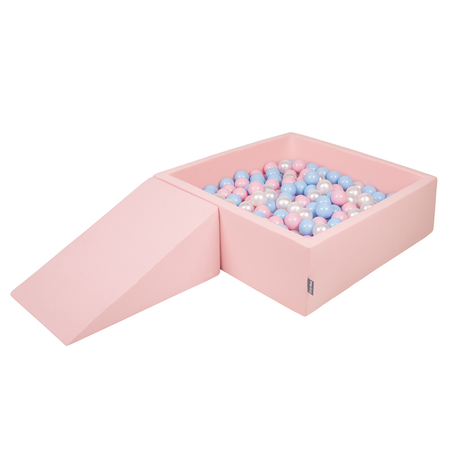 KiddyMoon Foam Playground for Kids with Square Ballpit ( ∅ 7cm/2.75In) Soft Obstacles Course and Ball Pool, Certified Made In The EU, pink:babyblue/powder pink/pearl, Ballpit (200 Balls) + Wedge