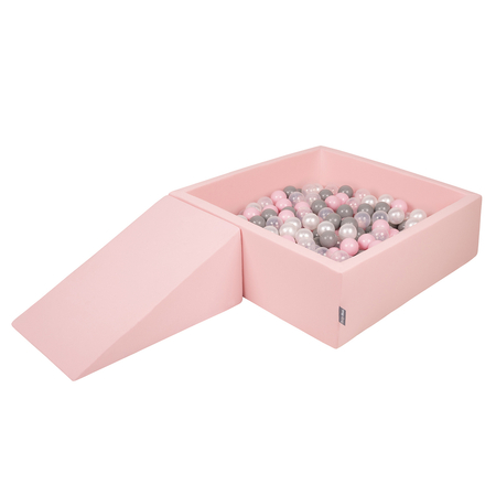 KiddyMoon Foam Playground for Kids with Square Ballpit ( ∅ 7cm/2.75In) Soft Obstacles Course and Ball Pool, Certified Made In The EU, pink:pearl/grey/transparent/powder pink, Ballpit (100 Balls) + Wedge