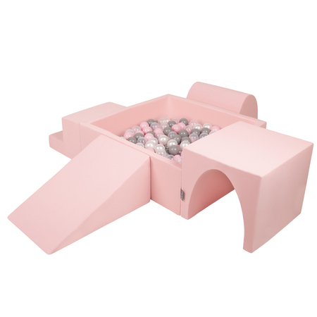 KiddyMoon Foam Playground for Kids with Square Ballpit ( ∅ 7cm/2.75In) Soft Obstacles Course and Ball Pool, Certified Made In The EU, pink:pearl/grey/transparent/powder pink, Ballpit (200 Balls) + Version 3