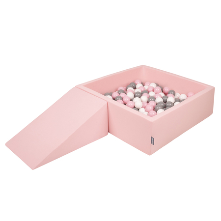 KiddyMoon Foam Playground for Kids with Square Ballpit ( ∅ 7cm/2.75In) Soft Obstacles Course and Ball Pool, Certified Made In The EU, pink:white/grey/powder pink, Ballpit (200 Balls) + Wedge