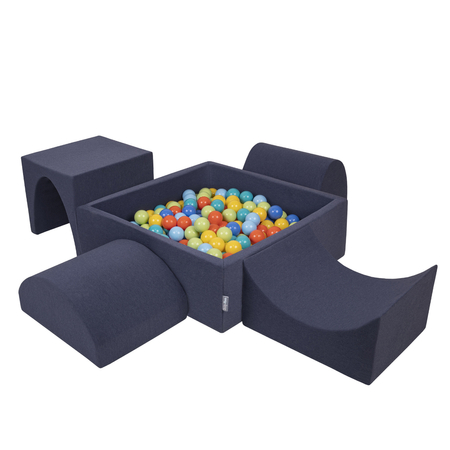 KiddyMoon Foam Playground for Kids with Square Ballpit, Darkblue: Lgreen/ Orange/ Turquoise/ Blue/ Bblue/ Yellow