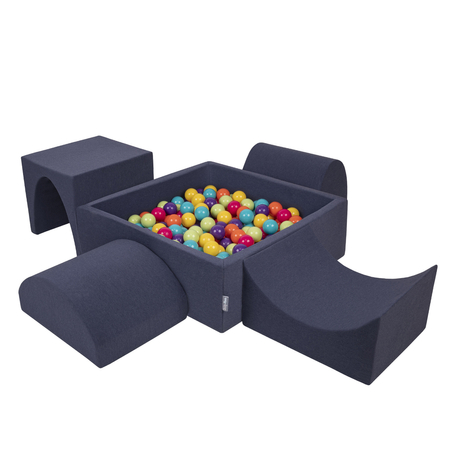 KiddyMoon Foam Playground for Kids with Square Ballpit, Darkblue: Lgreen/ Yellow/ Turquoi/ Orange/ Dpink/ Purple