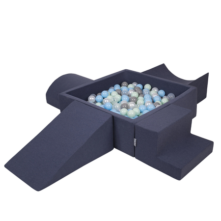 KiddyMoon Foam Playground for Kids with Square Ballpit, Darkblue: Pearl/ Grey/ Transparent/ Babyblue/ Mint