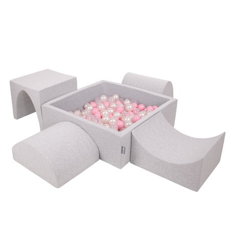 KiddyMoon Foam Playground for Kids with Square Ballpit, Lightgrey: Powderpink/ Pearl/ Transparent