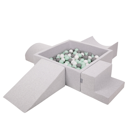 KiddyMoon Foam Playground for Kids with Square Ballpit, Lightgrey: White/ Grey/ Mint