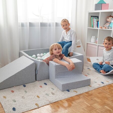 KiddyMoon Foam Playground for Kids with Square Ballpit, Lightgrey: White/ Grey/ Mint