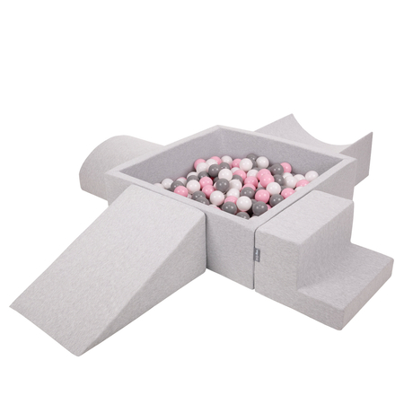 KiddyMoon Foam Playground for Kids with Square Ballpit, Lightgrey: White/ Grey/ Powderpink