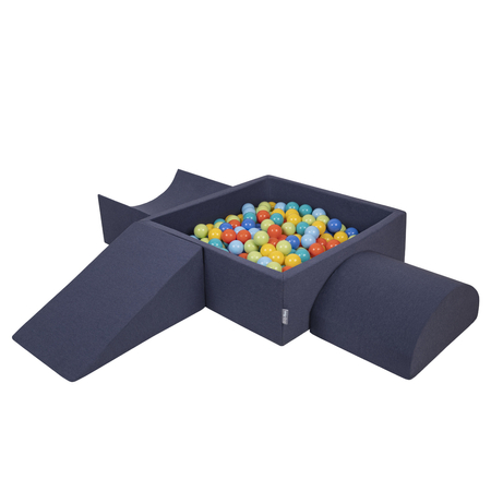 KiddyMoon Foam Playground for Kids with Square Ballpit and Balls, Darkblue: Lgreen/ Orange/ Turquoise/ Blue/ Bblue/ Yellow