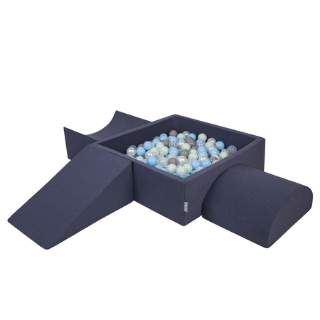 KiddyMoon Foam Playground for Kids with Square Ballpit and Balls, Darkblue: Pearl/ Grey/ Transparent/ Babyblue/ Mint