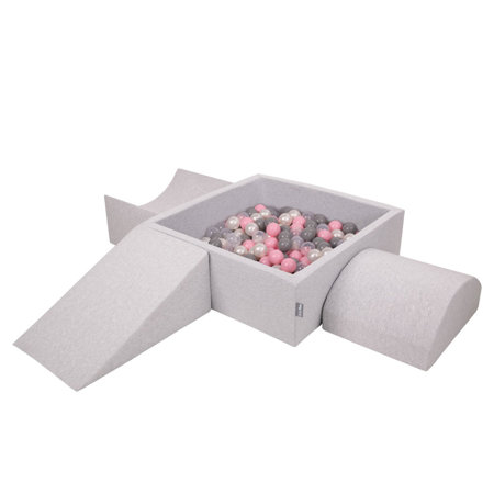 KiddyMoon Foam Playground for Kids with Square Ballpit and Balls, Lightgrey: Pearl/ Grey/ Transparent/ Powderpink