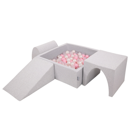 KiddyMoon Foam Playground for Kids with Square Ballpit and Balls, Lightgrey: Powderpink/ Pearl/ Transparent