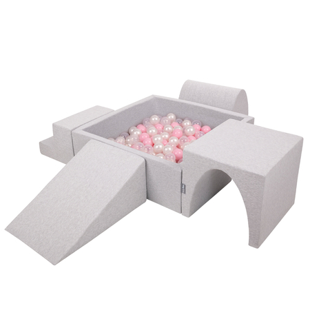 KiddyMoon Foam Playground for Kids with Square Ballpit and Balls, Lightgrey: Powderpink/ Pearl/ Transparent
