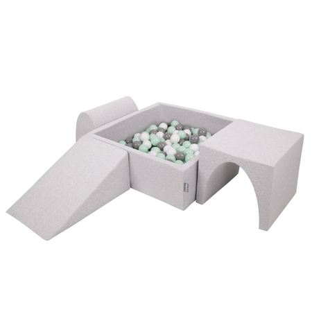 KiddyMoon Foam Playground for Kids with Square Ballpit and Balls, Lightgrey: White/ Grey/ Mint
