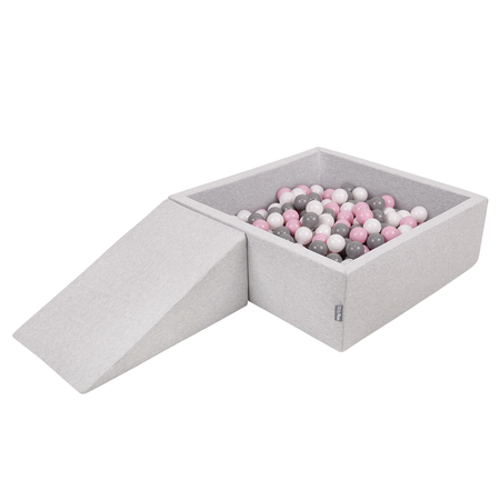 KiddyMoon Foam Playground for Kids with Square Ballpit and Balls, Lightgrey: White/ Grey/ Powderpink