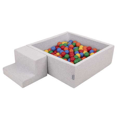 KiddyMoon Foam Playground for Kids with Square Ballpit and Balls, Lightgrey: Yellow/ Green/ Blue/ Red/ Orange