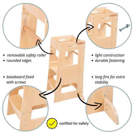 KiddyMoon Kitchen Helper For Kids Step Stool Learning Tower for Children Learning Chair Adjustable Height Level Montessori Furniture, Babies Kitchen Gadgets, ST-003, Natural, 91,5x39,3x49,4