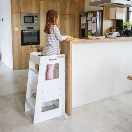 KiddyMoon Kitchen Helper For Kids Step Stool Learning Tower for Children Learning Chair Adjustable Height Level Montessori Furniture, Babies Kitchen Gadgets, ST-003, White, 91,5x39,3x49,4