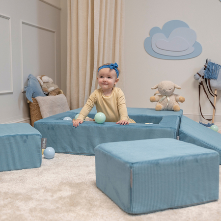 KiddyMoon Modular Foam Sofa for Children's with Balls Lightweight Sofa For Kids Room Comfortable Space-Saving with Storage Room Fabric Safe and Fun for Kids, blue: pastel beige/pastel blue/white/pearl, Sofa + 100 Balls