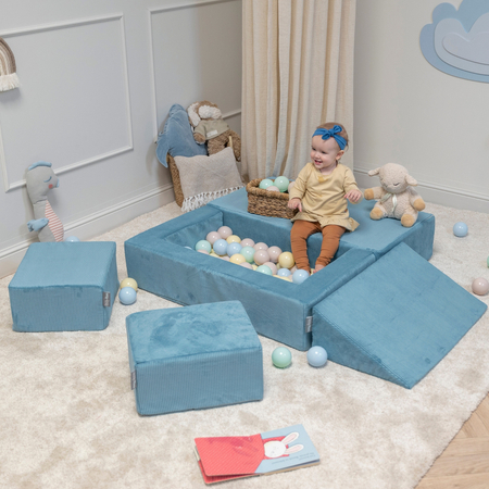 KiddyMoon Modular Foam Sofa for Children's with Balls Lightweight Sofa For Kids Room Comfortable Space-Saving with Storage Room Fabric Safe and Fun for Kids, blue: pastel beige/pastel blue/white/pearl, Sofa + 100 Balls