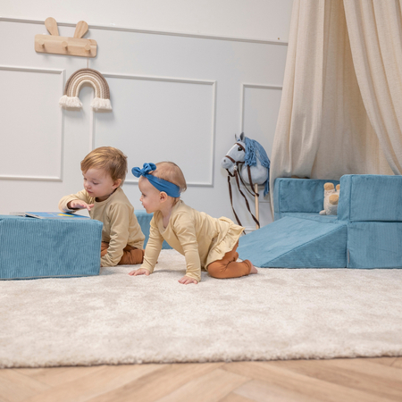 KiddyMoon Modular Foam Sofa for Children's with Balls Lightweight Sofa For Kids Room Comfortable Space-Saving with Storage Room Fabric Safe and Fun for Kids, blue: pastel beige/pastel blue/white/pearl, Sofa + 100 Balls