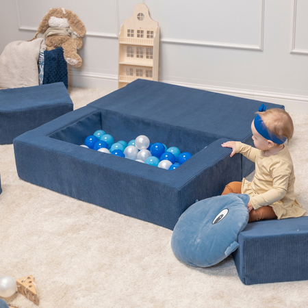 KiddyMoon Modular Foam Sofa for Children's with Balls Lightweight Sofa For Kids Room Comfortable Space-Saving with Storage Room Fabric Safe and Fun for Kids, navy blue: pastel beige/pastel blue/white/pearl, Sofa + 100 Balls